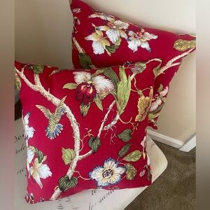 Two Red Decorative pillows Floral And Bird  Double Sided 15” X 15”